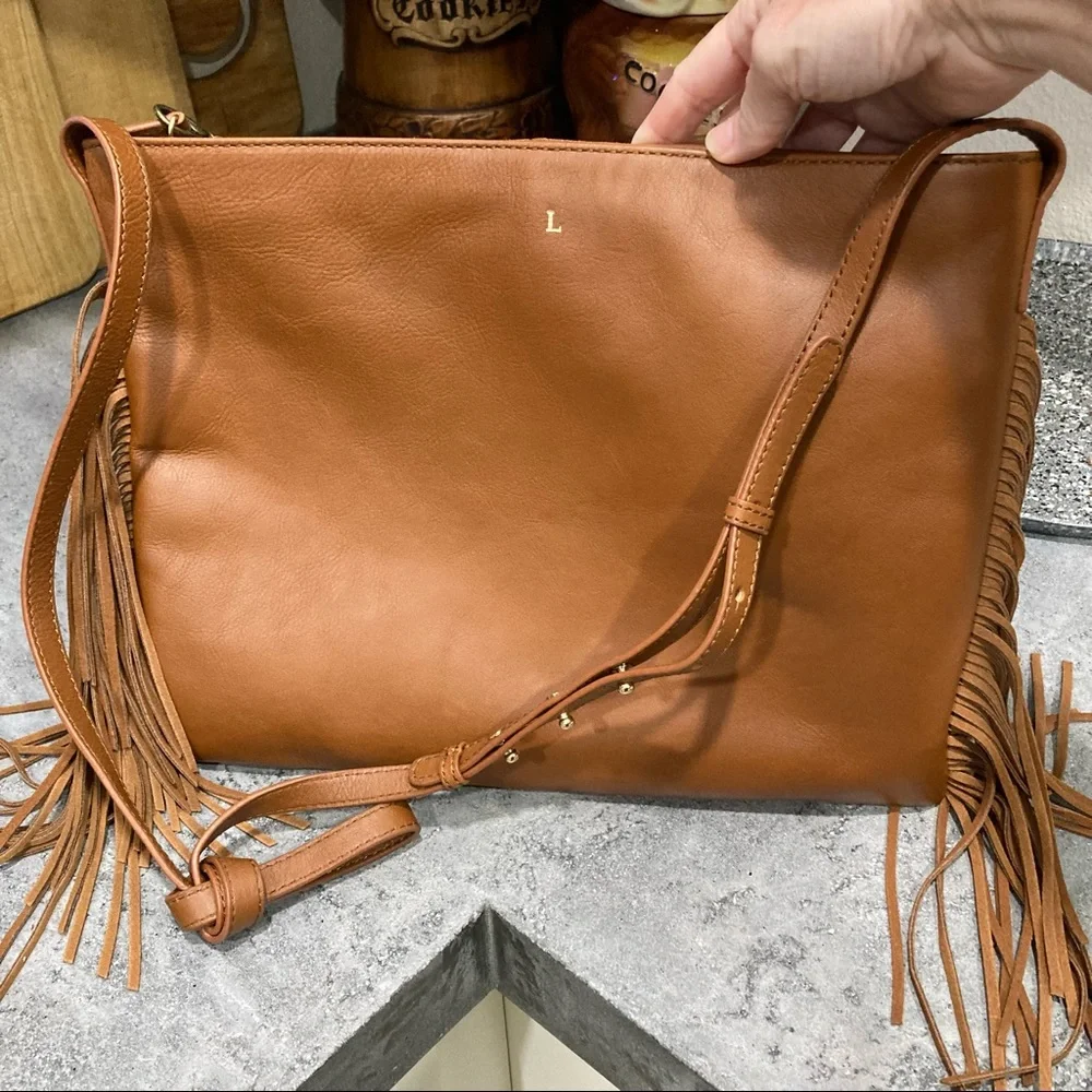 MARK & GRAHAM Fringed Cross Body Bag Purse Tan Leather and Suede NWOT - Picture 9 of 10